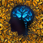 Inspiration concept and thinking potential metaphor as a group of butterflies in the shape of a human face and brain as a symbol for learning and the power of education and innovation.